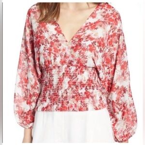 Wayf Coral Floral V-Neck Smocked Blouse Size X-Small